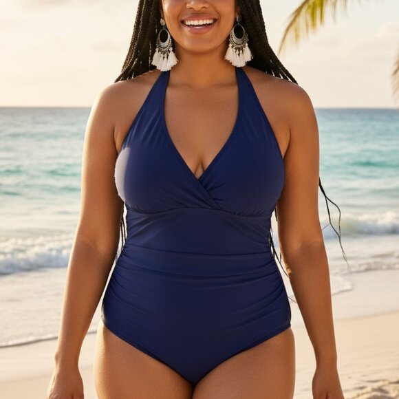 🆕 1XL Plus Size Curvy Halter One Piece Swimsuit Navy Blue Moderate Stretch - Picture 11 of 13